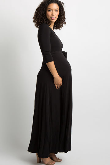 Black Solid Sash Tie Maternity Maxi Dress