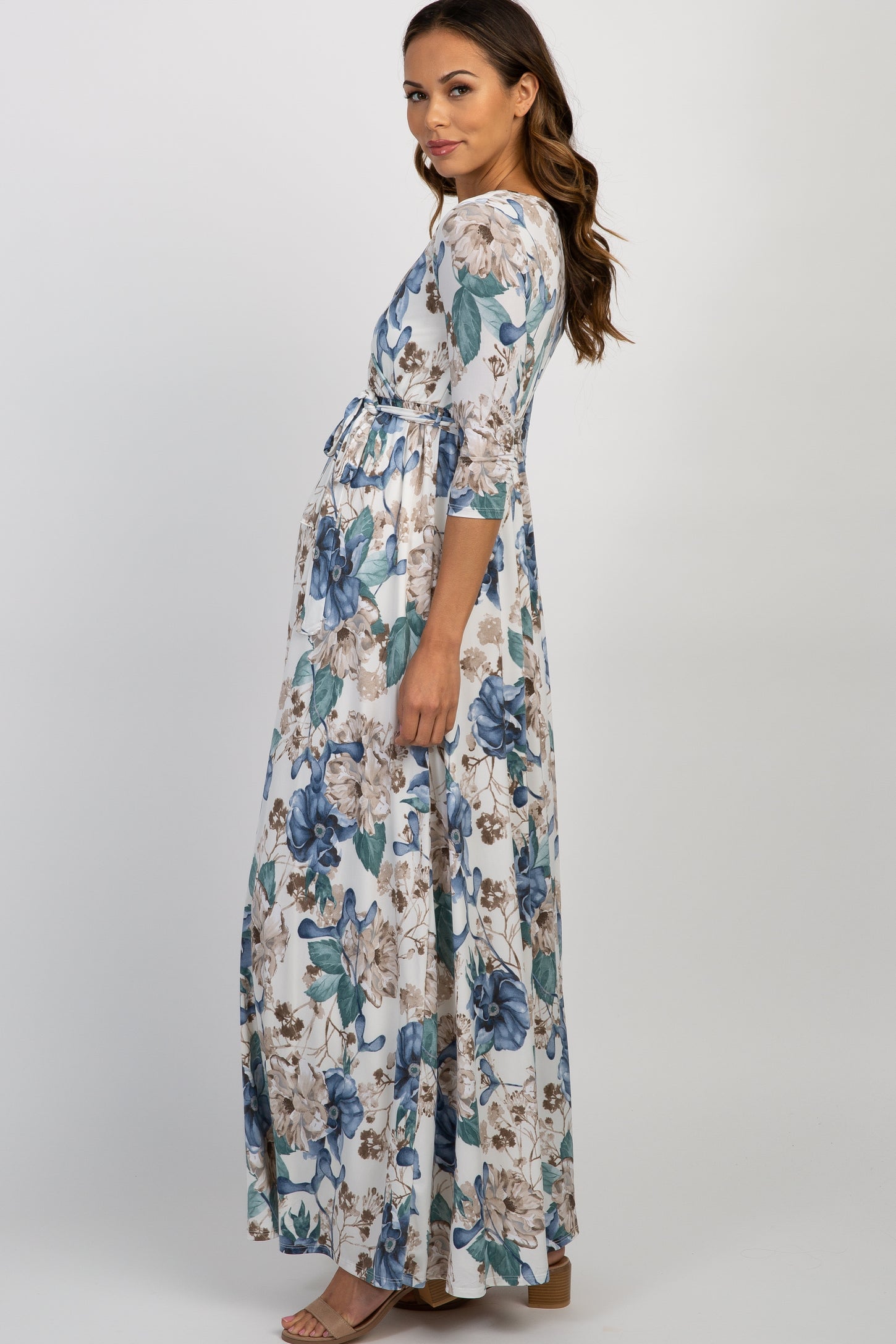 PinkBlush Ivory Floral Sash Tie Maternity/Nursing Maxi Dress