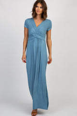 PinkBlush Petite Blue Draped Nursing Maxi Dress