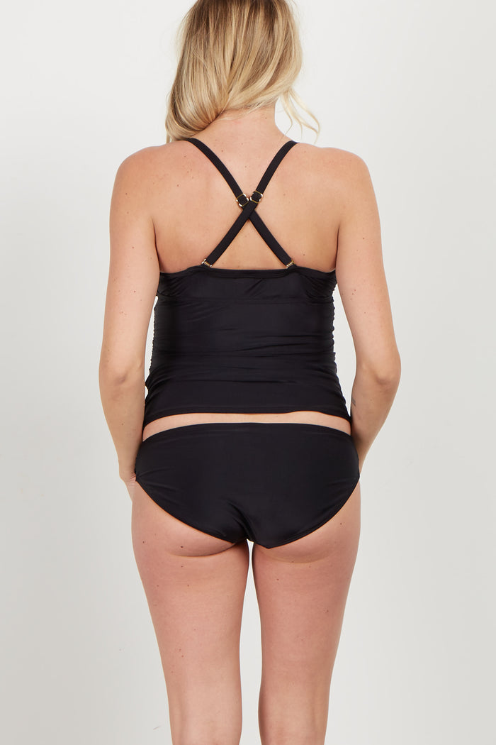 Black Solid Wrap Front Maternity Tankini Top