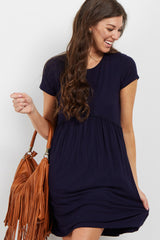 PinkBlush Navy Solid Crochet Trim Maternity Shift Dress