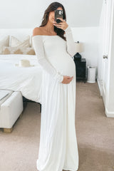 PinkBlush Ivory Solid Off Shoulder Maternity Maxi Dress