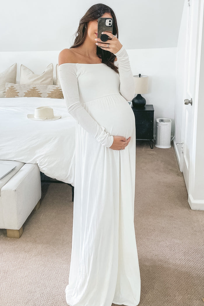 PinkBlush Ivory Solid Off Shoulder Maternity Maxi Dress