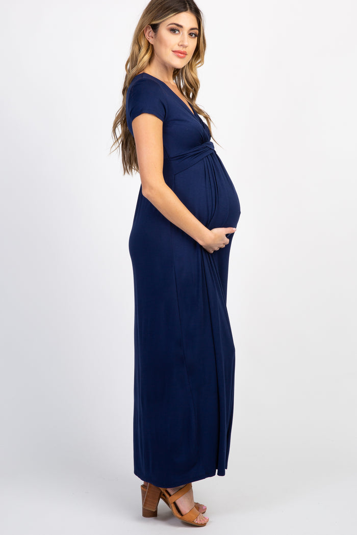 PinkBlush Petite Navy Draped Maternity/Nursing Maxi Dress