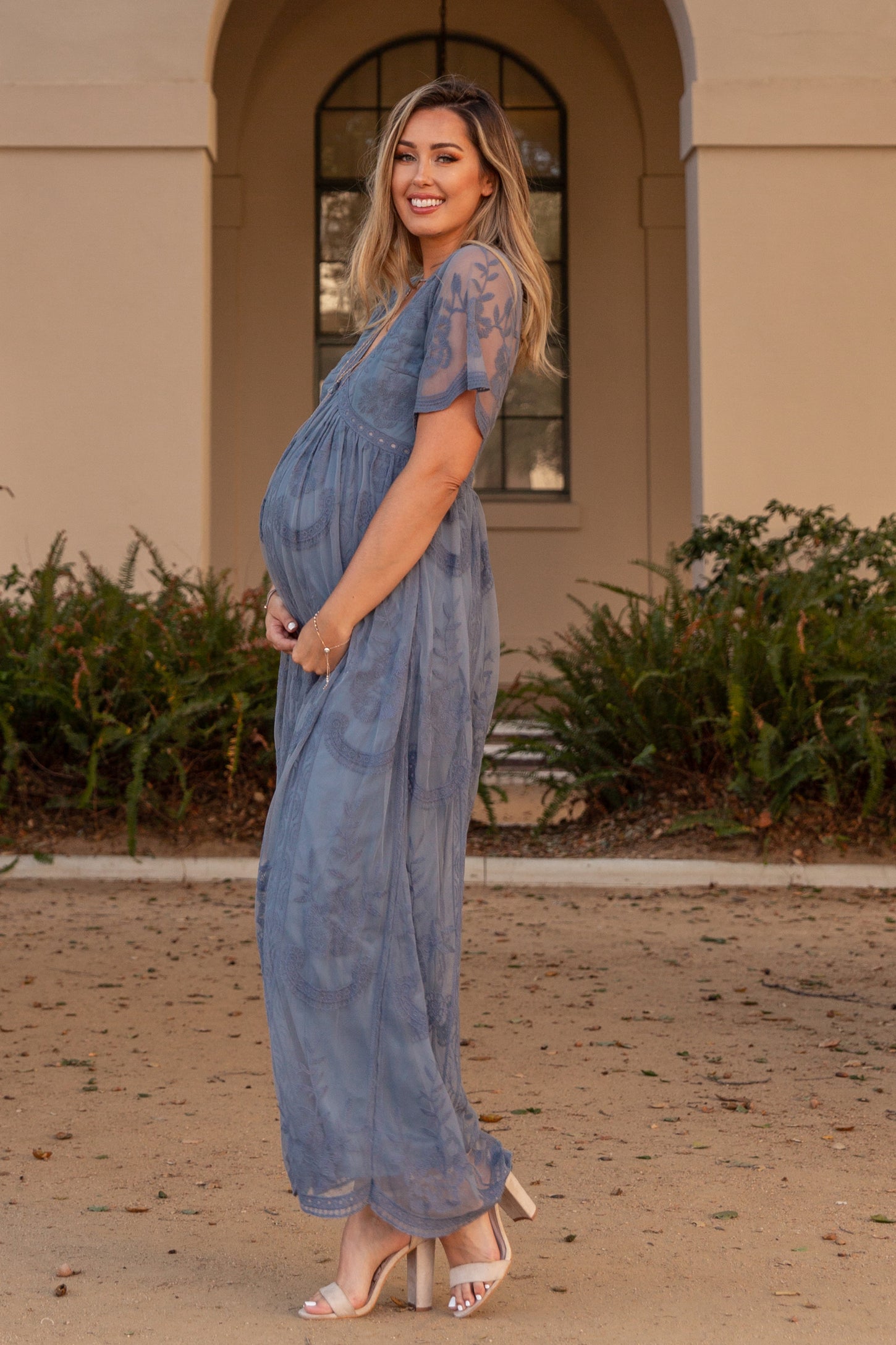 PinkBlush Blue Lace Mesh Overlay Maternity Maxi Dress