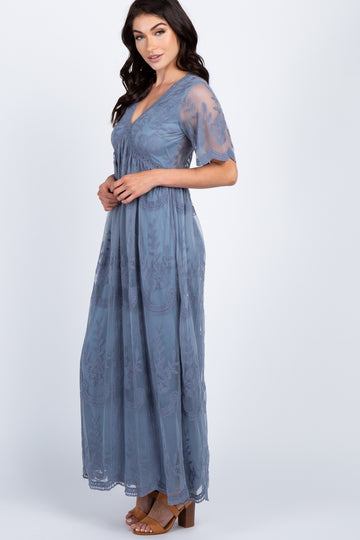 PinkBlush Blue Lace Mesh Overlay Maxi Dress