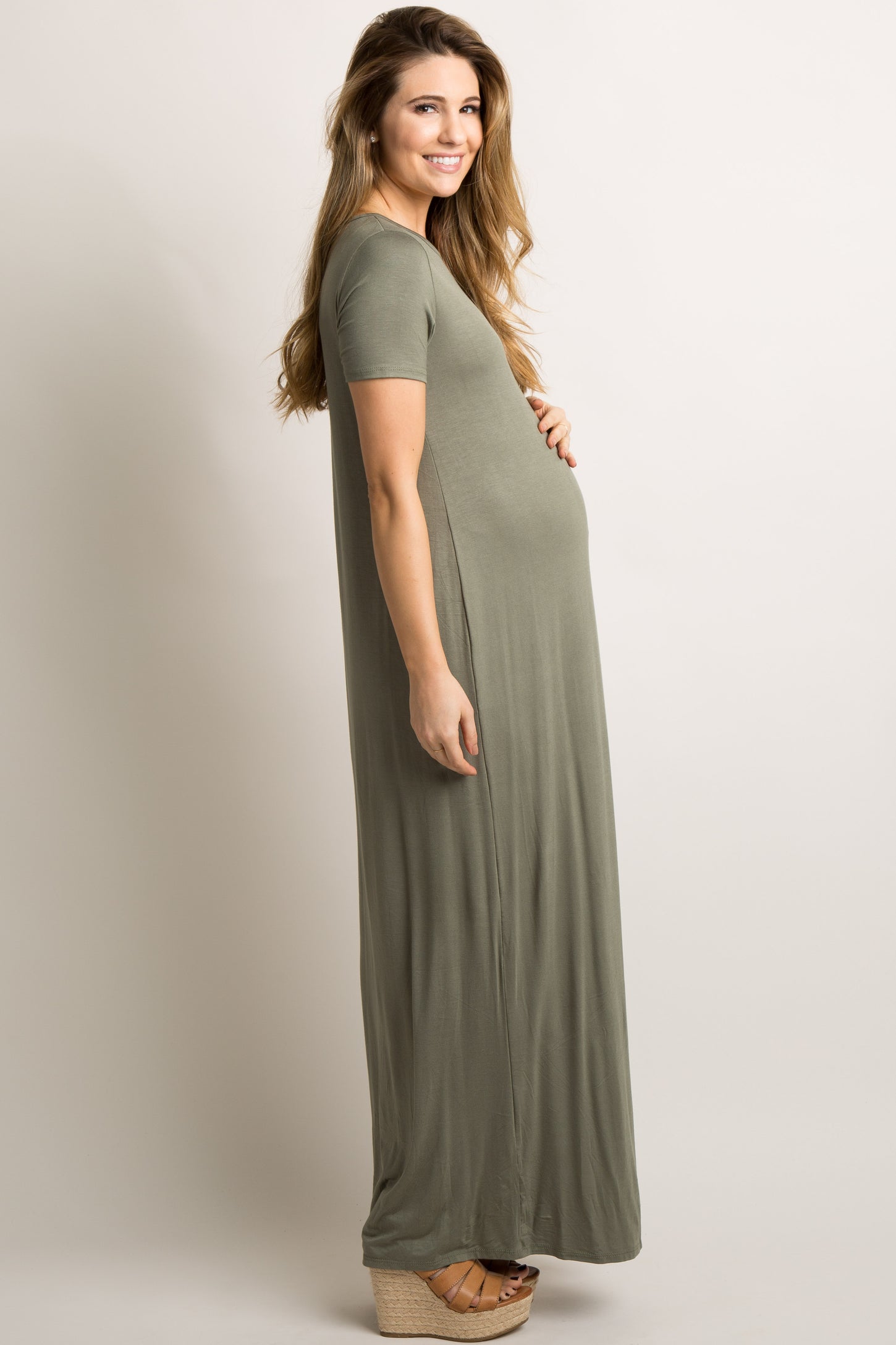 PinkBlush Olive Basic Side Slit Maternity Maxi Dress