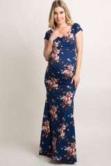 Navy Floral Off Shoulder Wrap Maternity Photoshoot Gown/Dress