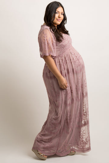 PinkBlush Mauve Lace Mesh Overlay Plus Maternity Maxi Dress