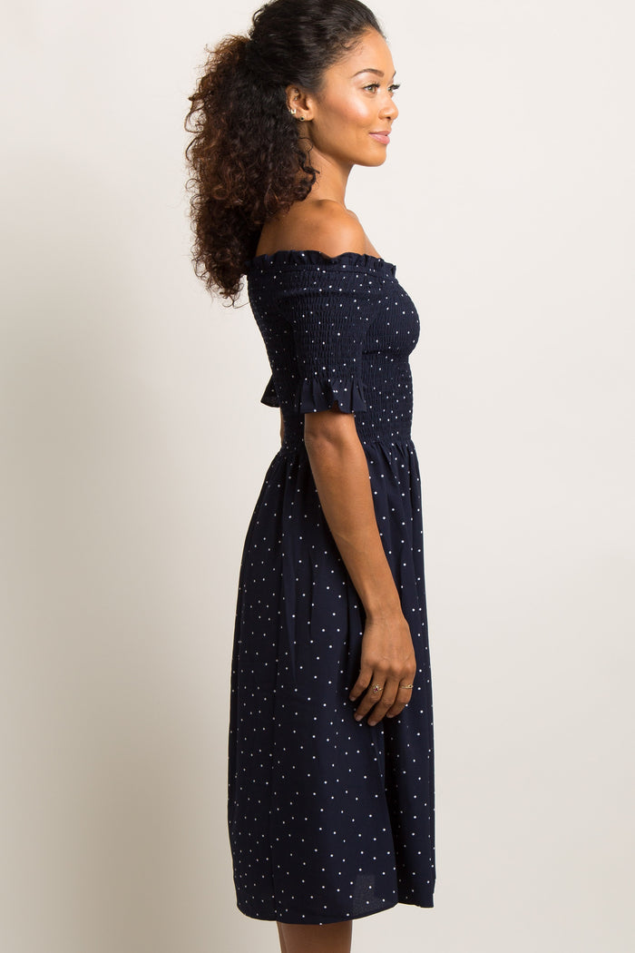 Navy Polka Dot Smocked Dress