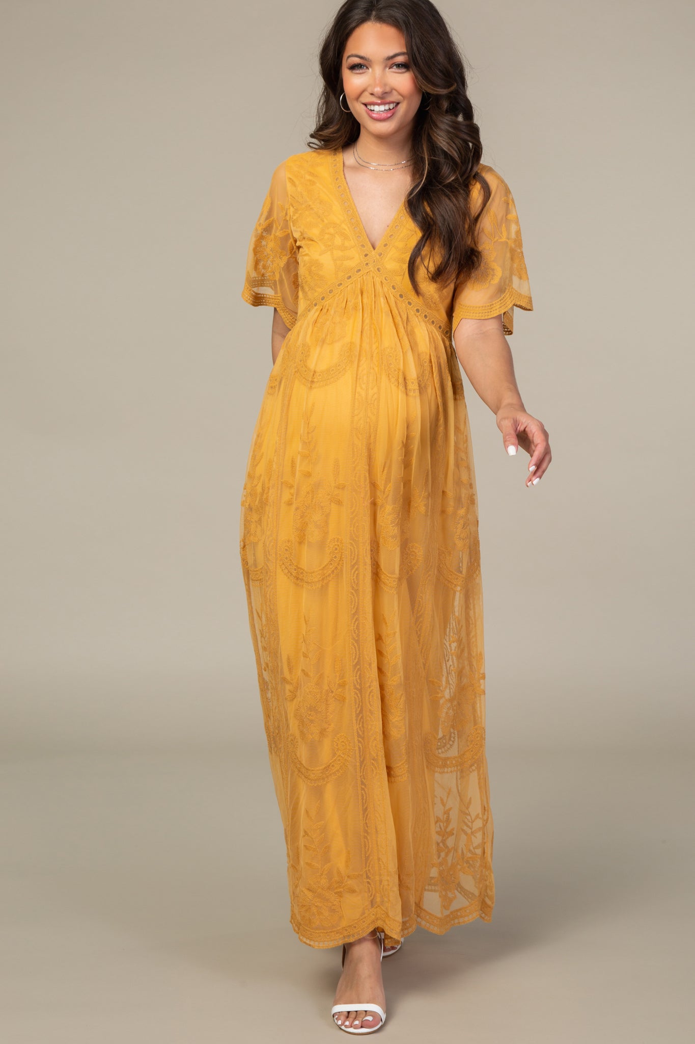 PinkBlush Mustard Lace Mesh Overlay Maternity Maxi Dress