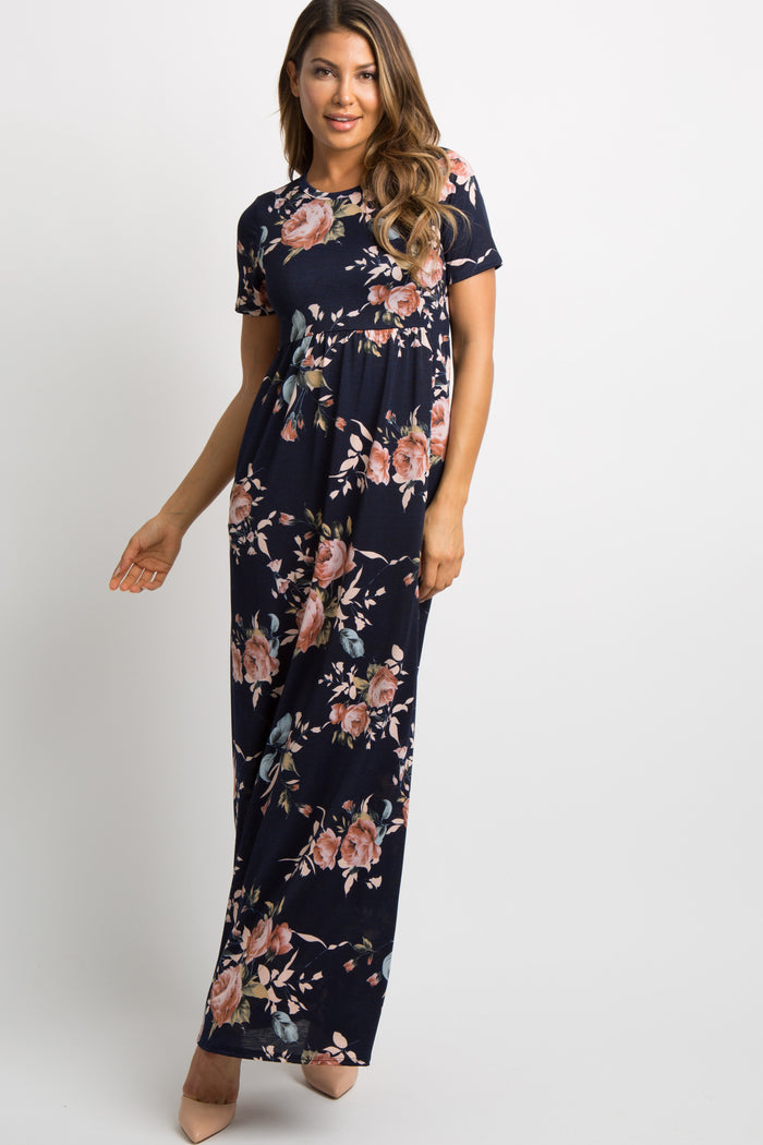 Navy Blue Rose Print Short Sleeve Maternity Maxi Dress