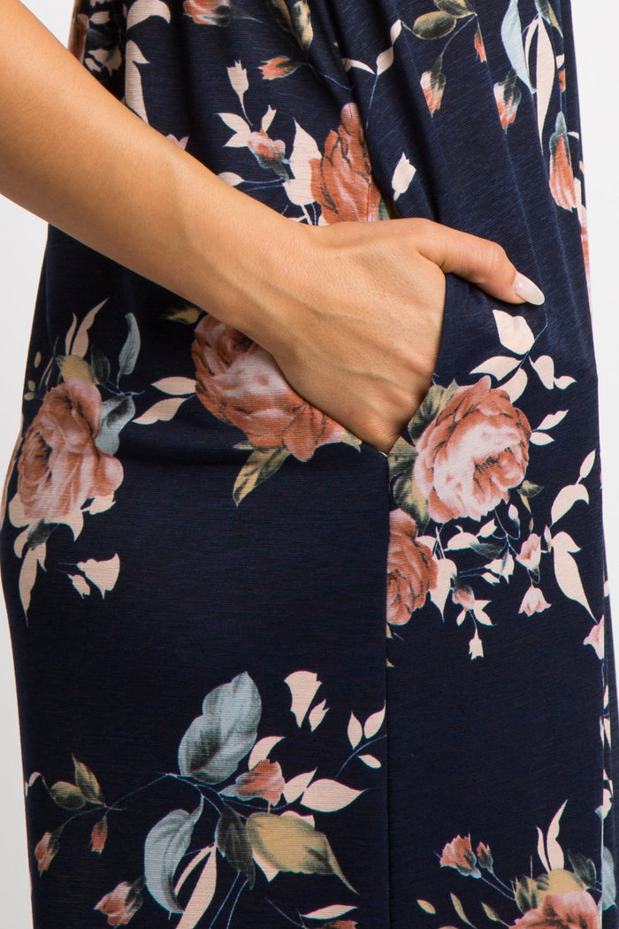Navy Blue Rose Print Short Sleeve Maxi Dress