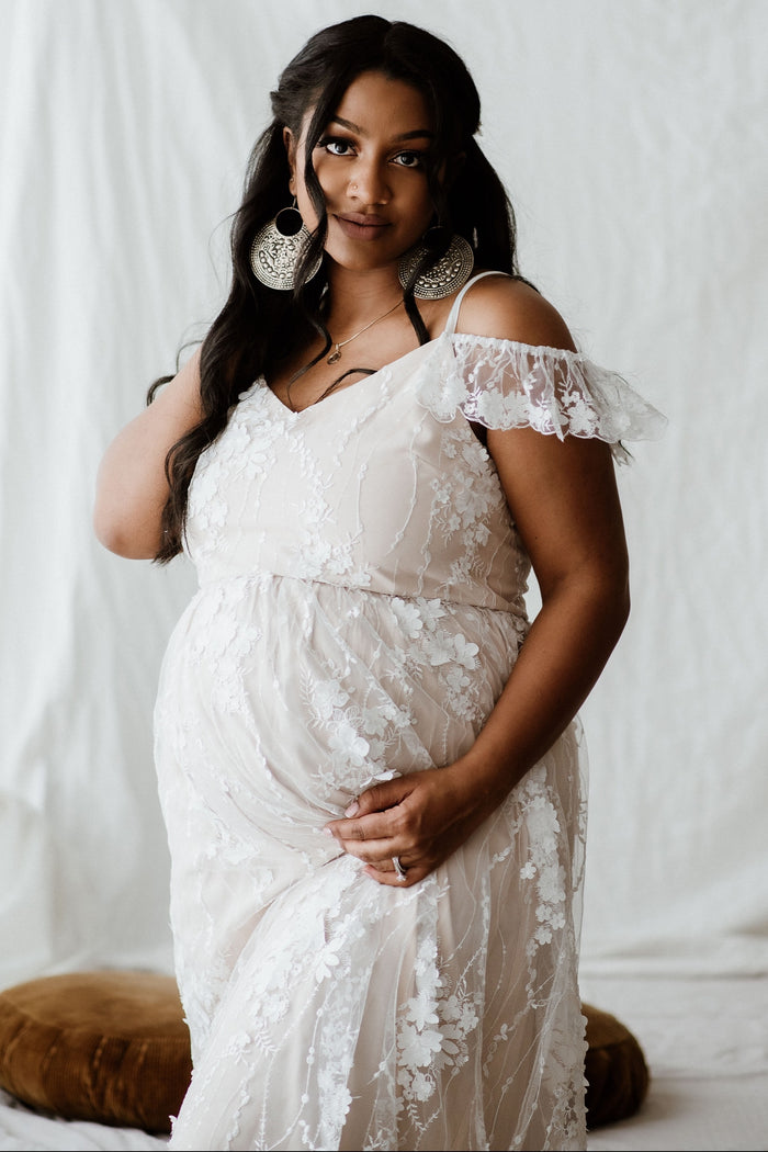 Ivory Floral Embroidered Mesh Maternity Evening Gown