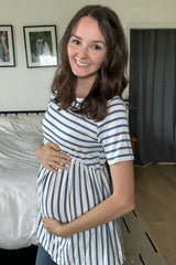 PinkBlush Blue Striped Cross Back Peplum Maternity Top