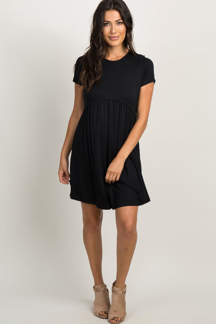 PinkBlush Black Solid Crochet Trim Maternity Shift Dress