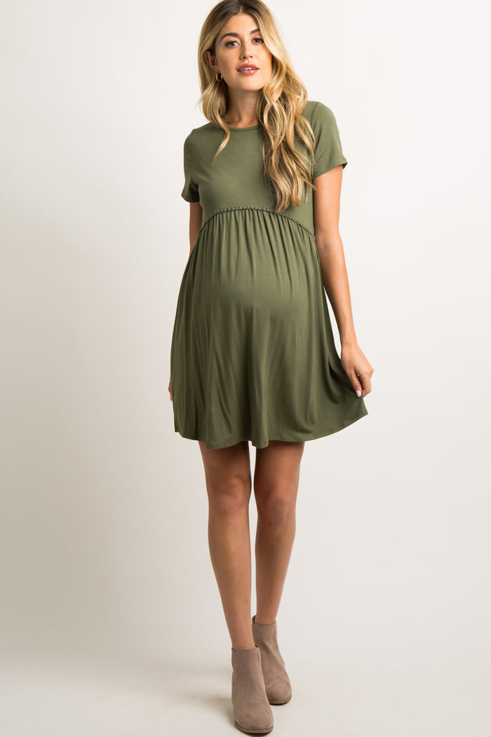 PinkBlush Olive Solid Crochet Trim Maternity Shift Dress