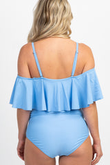 Light Blue Ruffle Trim Ruched One-Piece Maternity Swimsuit