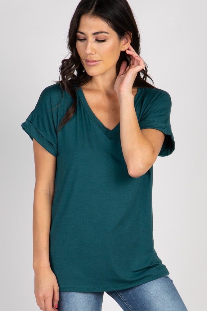 Forest Green V-Neck Pocket Accent Top