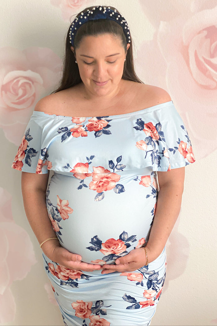Light Blue Rose Print Ruffle Fitted Maternity Dress