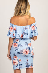 Light Blue Rose Print Ruffle Fitted Maternity Dress