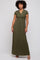 woman wearing an olive green short sleeve maxi dress with a wrapped bodice and a flowing skirt