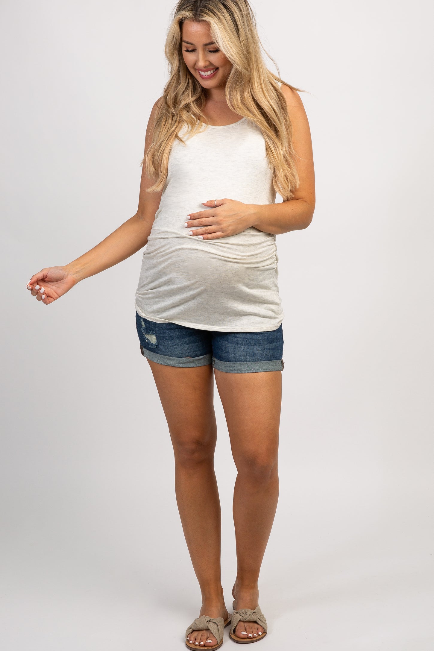 PinkBlush Navy Blue Distressed Rolled Hem Maternity Denim Shorts