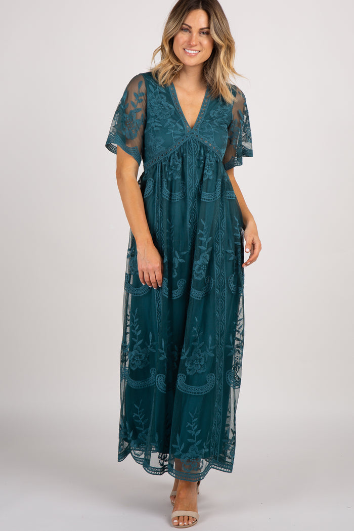 Dark Turquoise Lace Mesh Overlay Maxi Dress