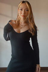 Black V-Neck Long Sleeve Fitted Maxi Dress