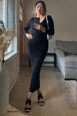 Black V-Neck Long Sleeve Fitted Maxi Dress