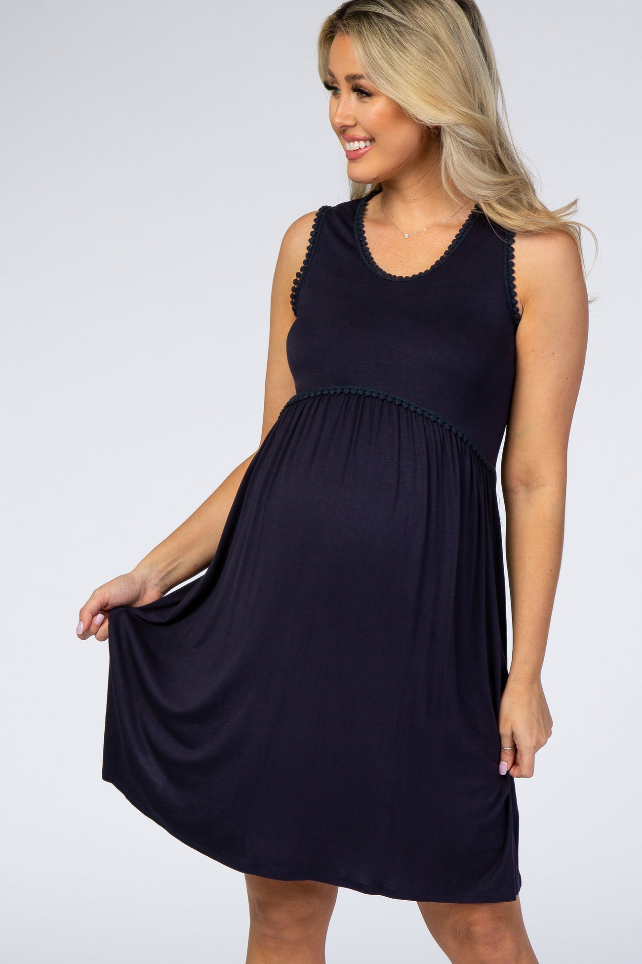 PinkBlush Navy Blue Sleeveless Round Neck Pom Pom Detail Maternity Dress