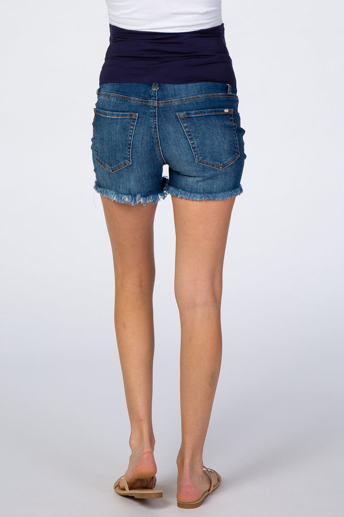 PinkBlush Blue Distressed Crochet Trim Maternity Denim Shorts