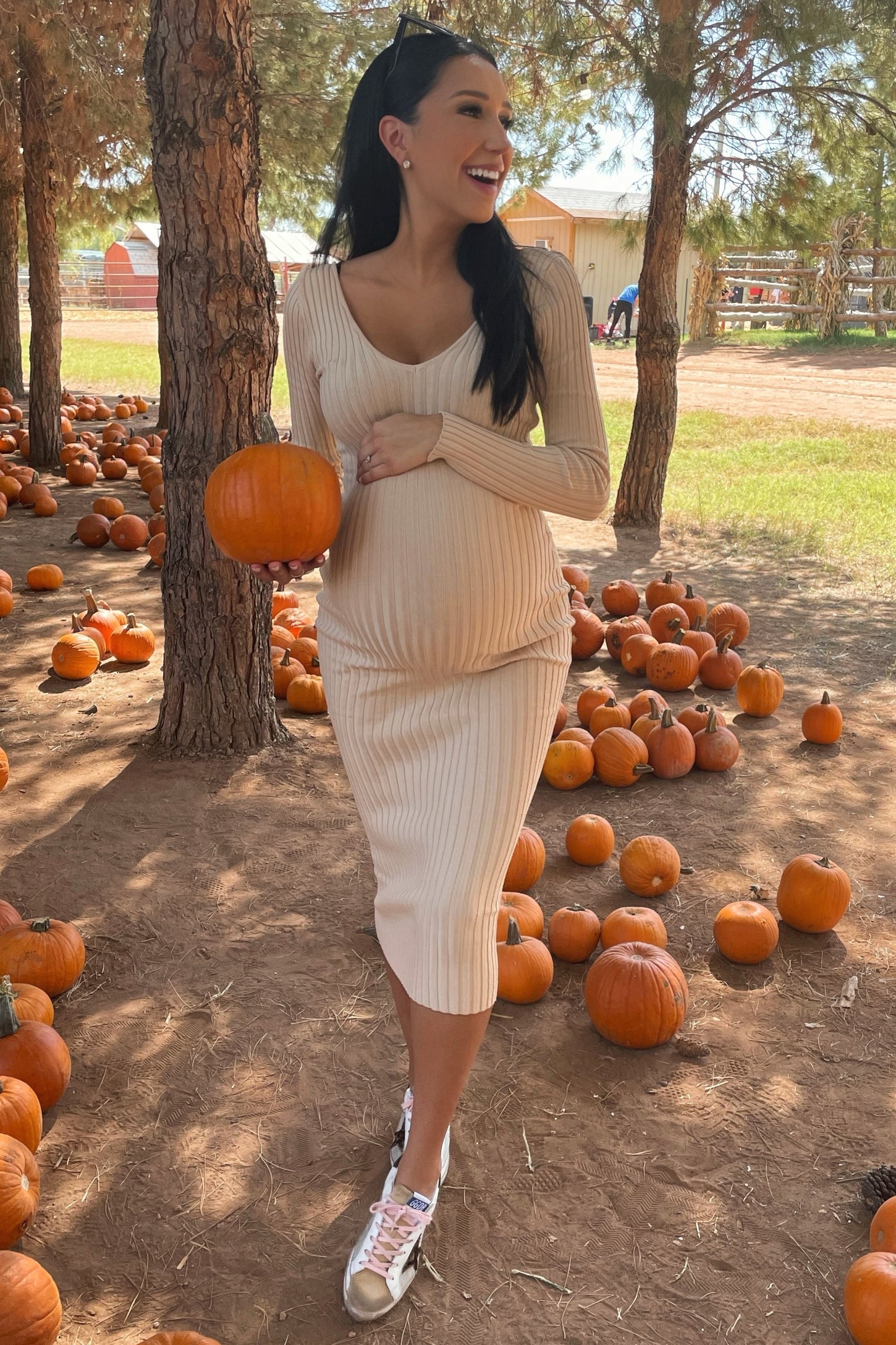 Taupe V-Neck Long Sleeve Fitted Maternity Maxi Dress