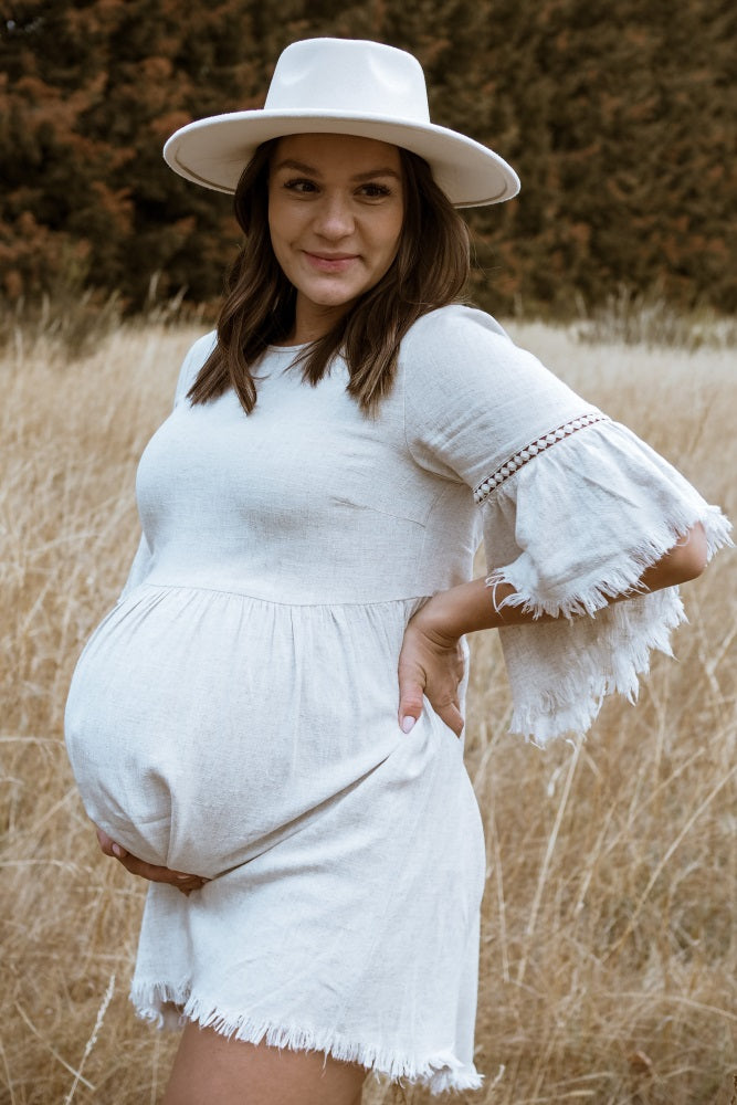 Beige Raw Edge Bell Sleeve Babydoll Maternity Dress