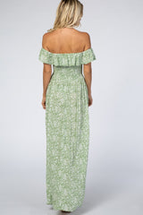 Green Floral Ruffle Off Shoulder Maxi Dress