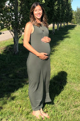 Olive Side Slit Maternity Maxi Dress
