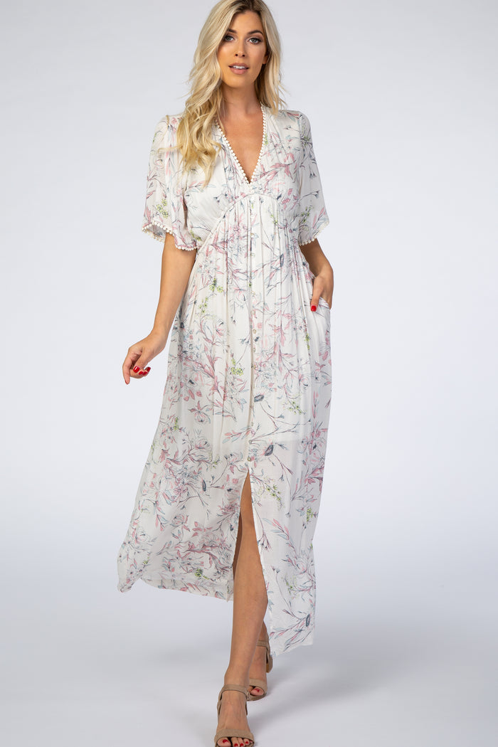 Ivory Floral Button Front Maternity Maxi Dress