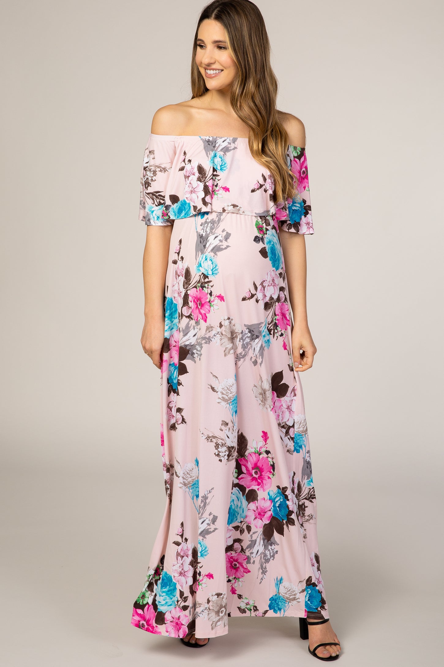 Light Pink Floral Off Shoulder Maternity Maxi Dress