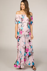 Light Pink Floral Off Shoulder Maternity Maxi Dress