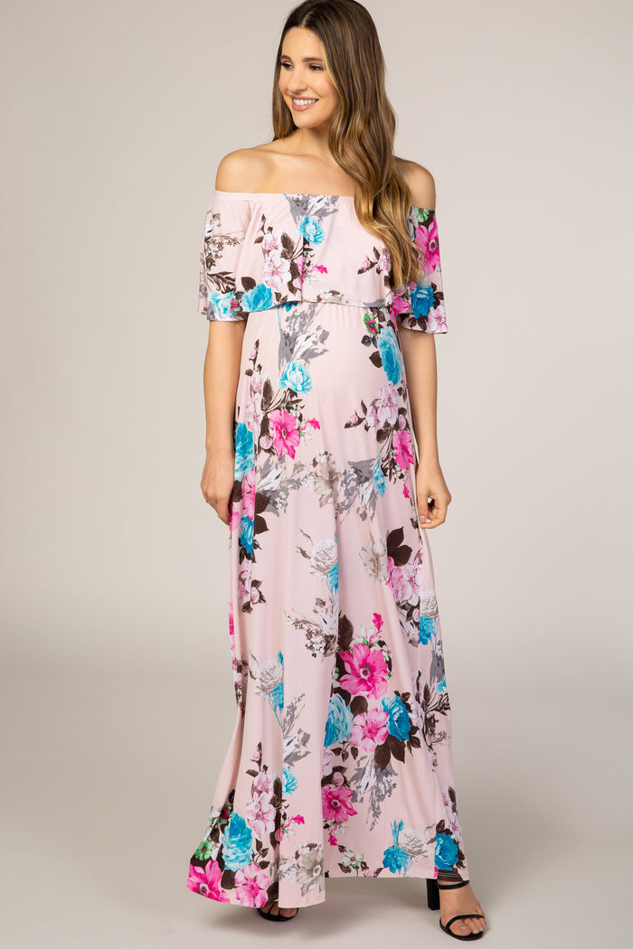 Light Pink Floral Off Shoulder Maternity Maxi Dress