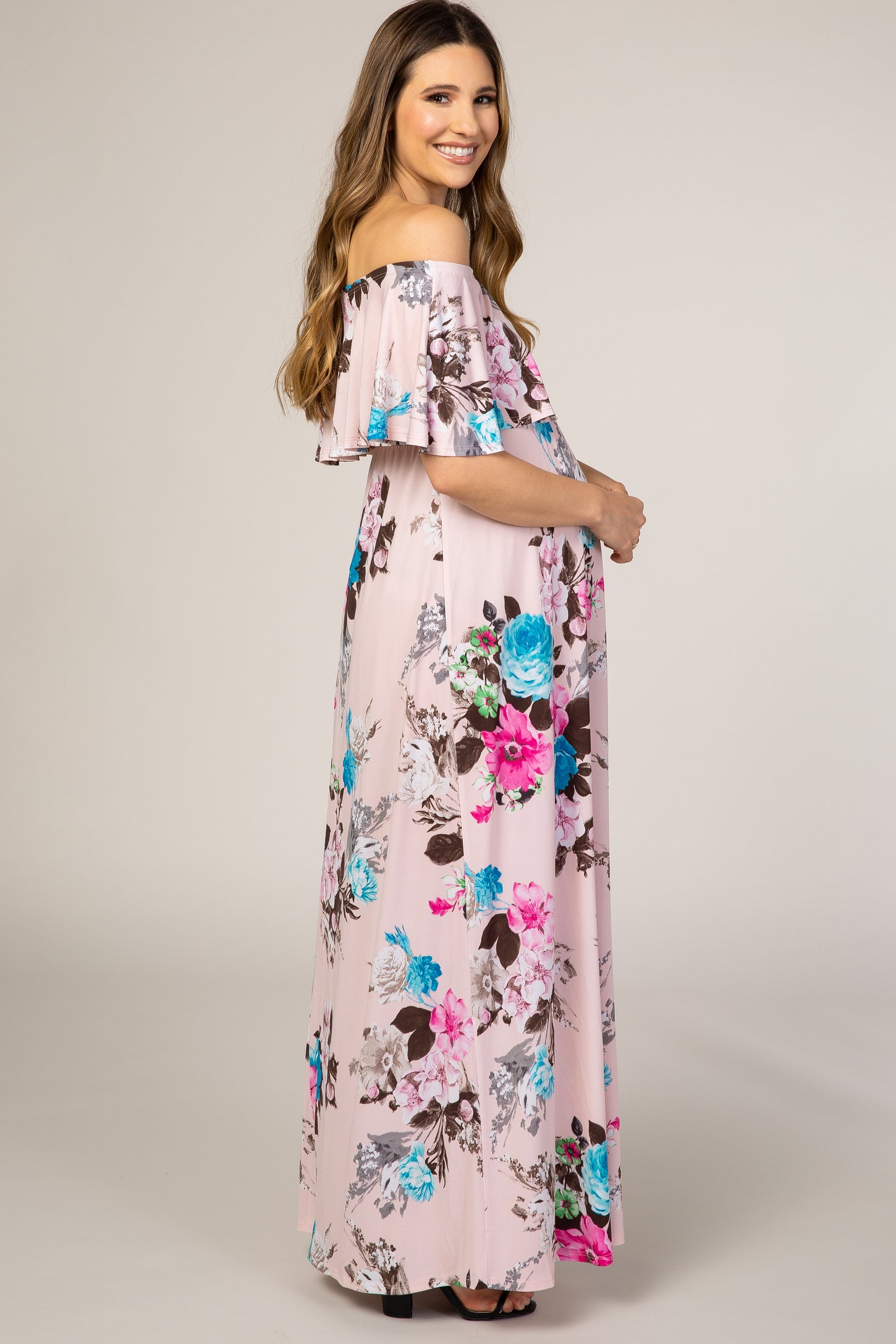 Light Pink Floral Off Shoulder Maternity Maxi Dress