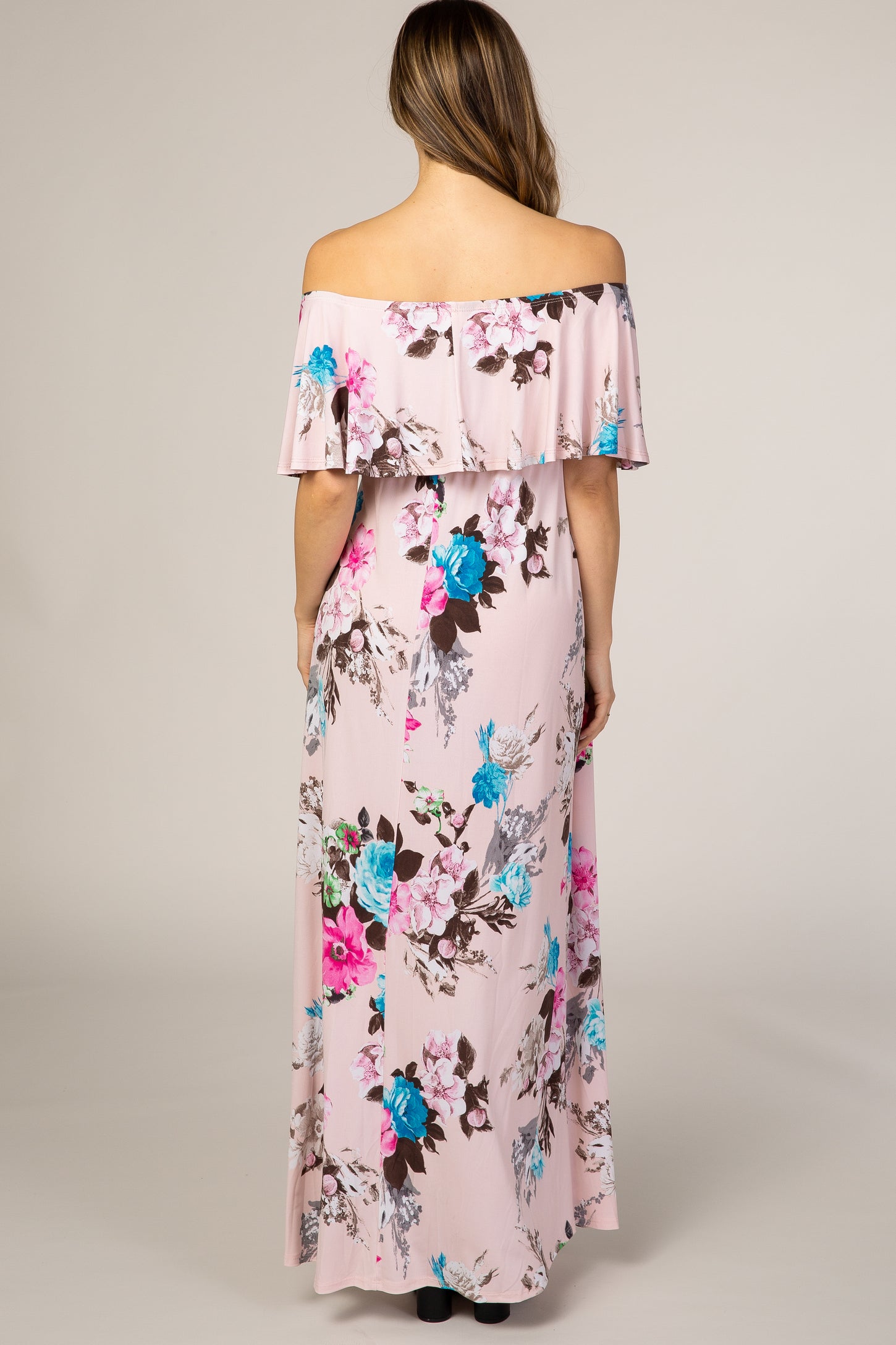 Light Pink Floral Off Shoulder Maternity Maxi Dress