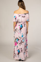 Light Pink Floral Off Shoulder Maternity Maxi Dress
