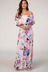 Light Pink Floral Off Shoulder Maxi Dress