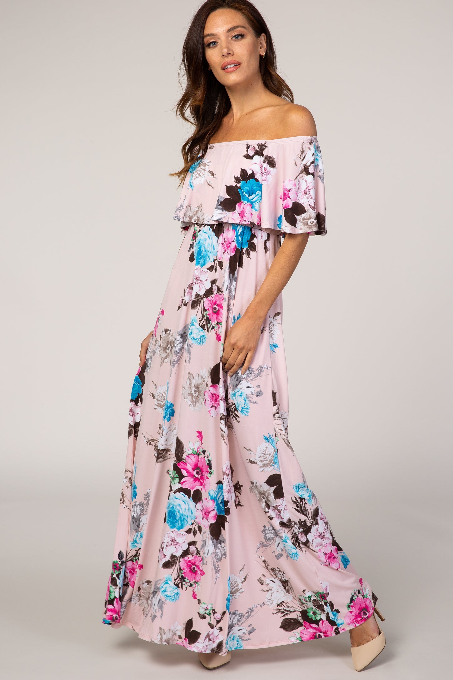 Light Pink Floral Off Shoulder Maternity Maxi Dress