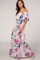 Light Pink Floral Off Shoulder Maternity Maxi Dress