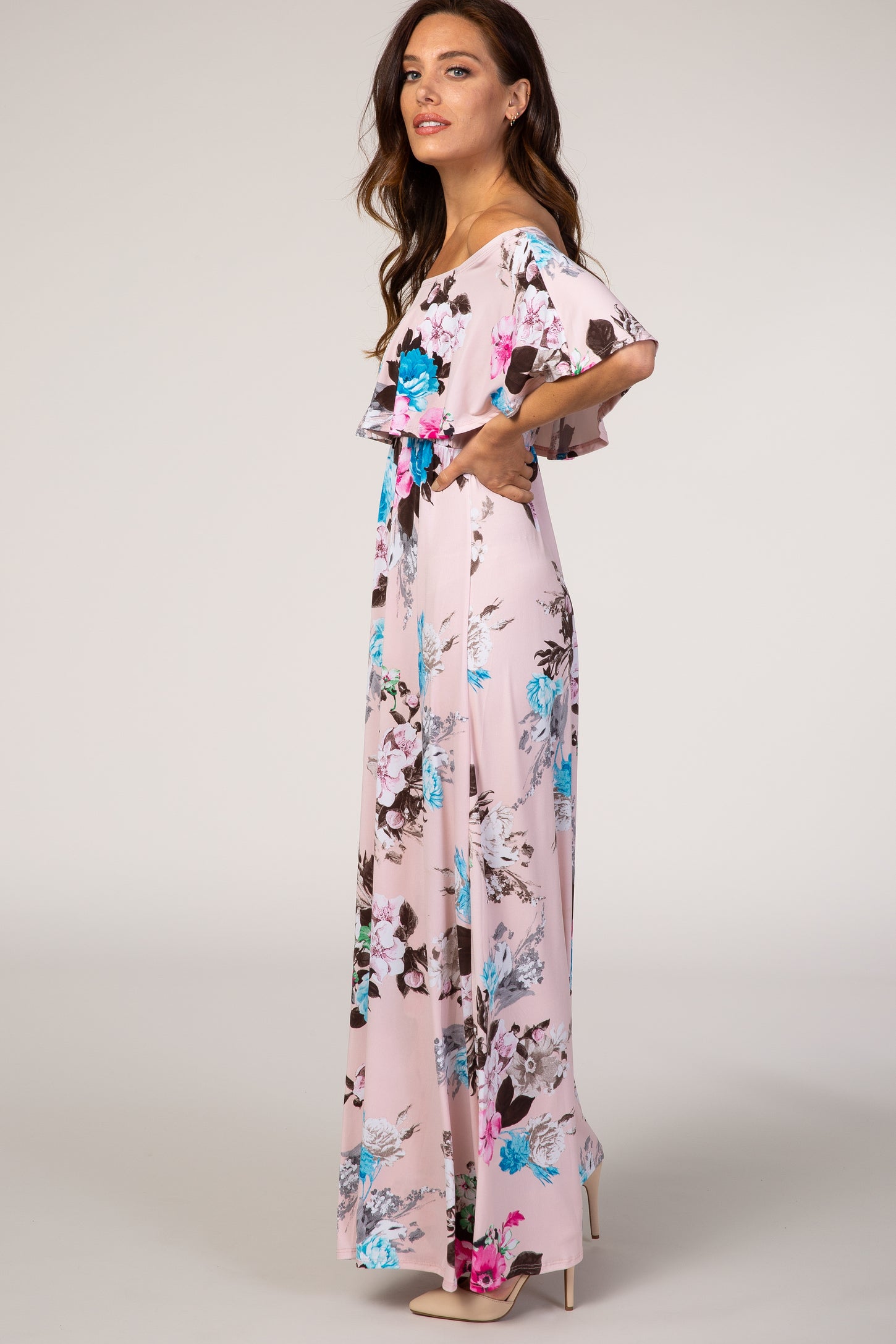 Light Pink Floral Off Shoulder Maxi Dress