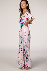 Light Pink Floral Off Shoulder Maxi Dress