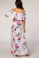 Light Pink Floral Off Shoulder Maxi Dress