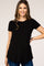 woman wearing a black short sleeve maternity top with a curved hem and relaxed fit